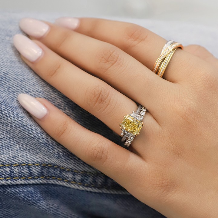 3.02 carat Yellow Radiant Cut Diamond Three-Stone Ring flat