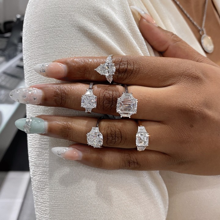 2.20 carat Asscher Cut Diamond Three-Stone Bezel Ring flat