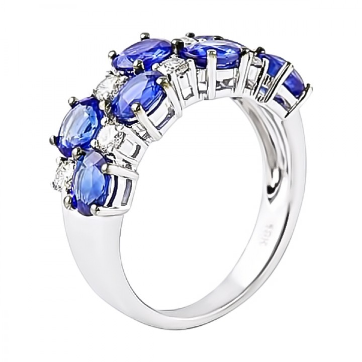 Oval Sapphire and Round Diamond Wedding Band flat