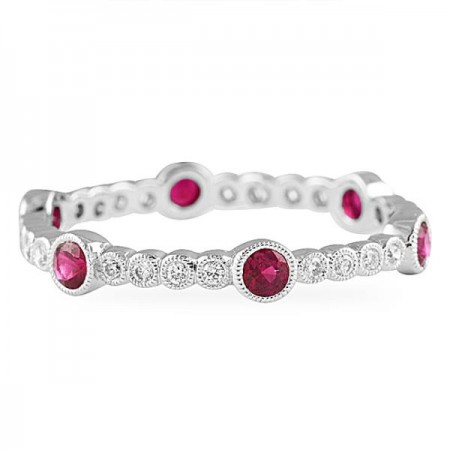 Bezel Set Ruby and Pave Diamond Eternity Band flat