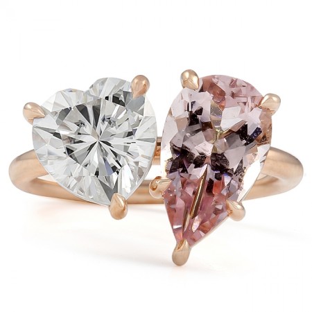 Pear Morganite and Heart Moissanite Duo Ring front view 14 karat rose gold