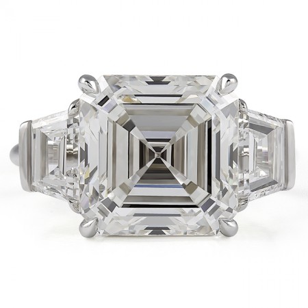 6.51 carat Asscher Cut Lab Diamond Three Stone Engagement Ring flat