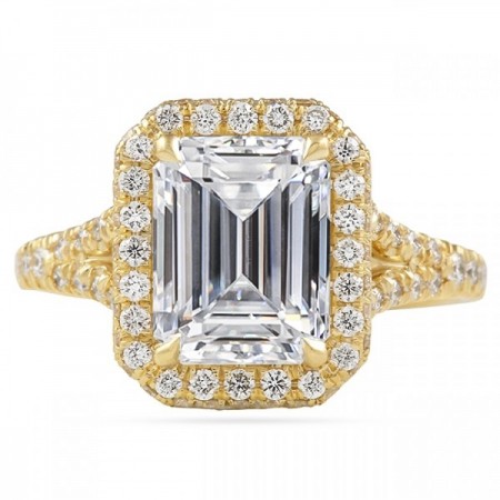 emerald cut moissanite yellow gold engagement ring flat