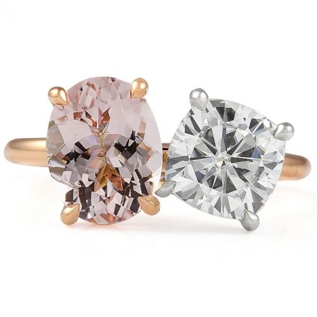 Oval Morganite and Cushion Moissanite Duo Ring