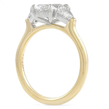 oval diamond three stone ring half moons side diamonds yellow gold front view