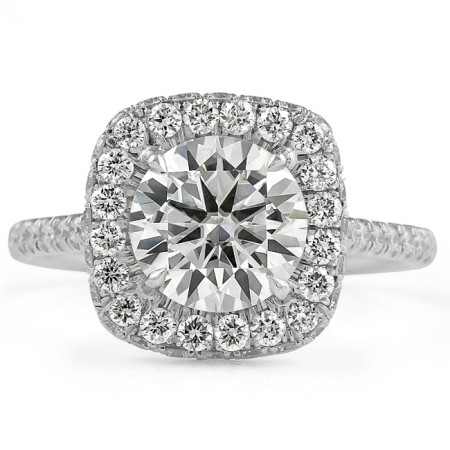 Round Moissanite in Cushion Halo Engagement Ring white gold pave diamond band