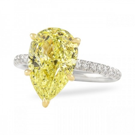 4.23 Carat Pear Shape Yellow Diamond Two-Tone Engagement Ring flat