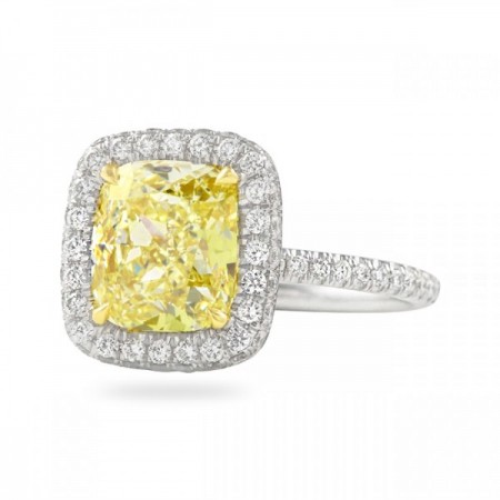 4 carat Yellow Cushion Cut Diamond Halo Ring flat