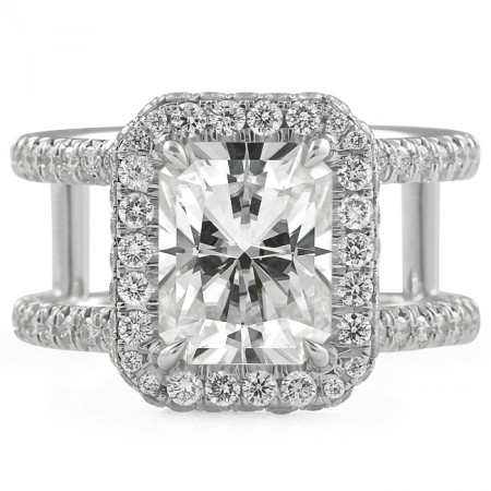Radiant Cut Moissanite Split Band Halo Engagement Ring front view white gold