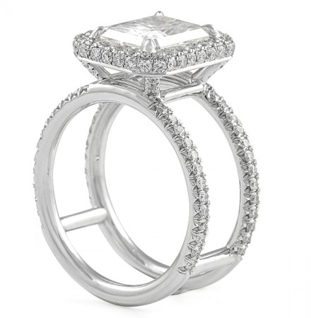 Radiant Cut Moissanite Split Band Halo Engagement Ring front view white gold