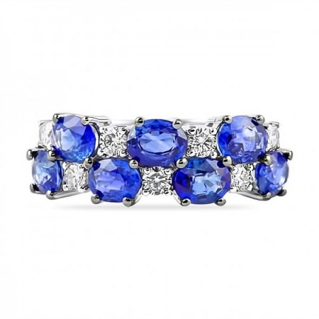 Oval Sapphire and Round Diamond Wedding Band flat