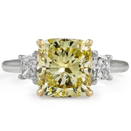 3.05 carat Yellow Cushion Cut Diamond Three-Stone Ring front view white gold
